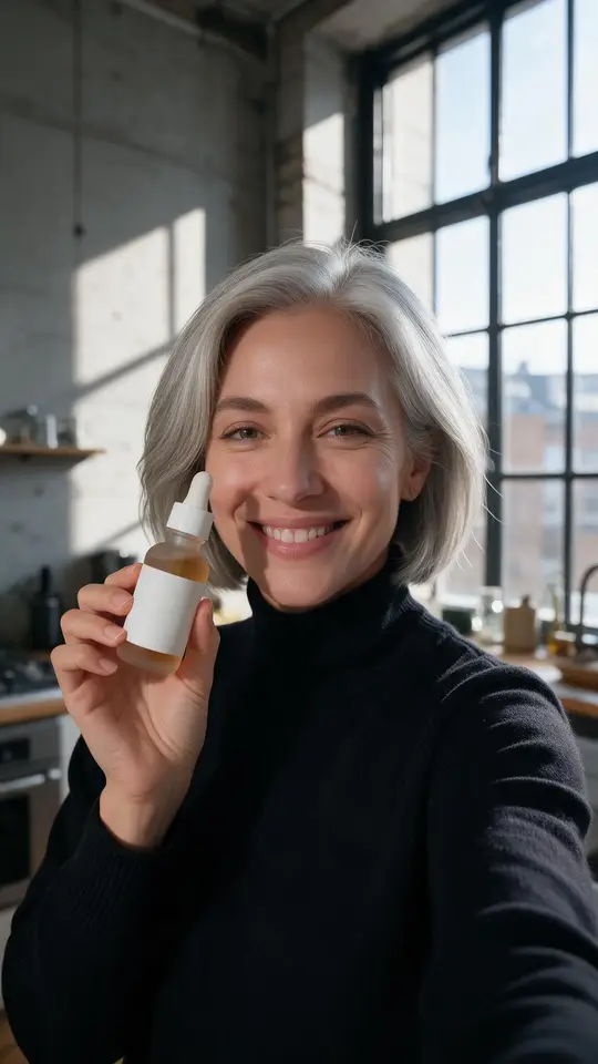 Variant frame: a woman in her fifties with a silver bob in a Berlin loft kitchen holding the serum bottle