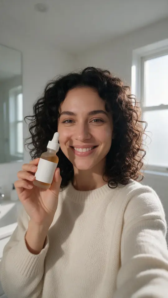 Original vertical selfie ad: a woman with curly hair in a bright bathroom holding up an amber serum bottle